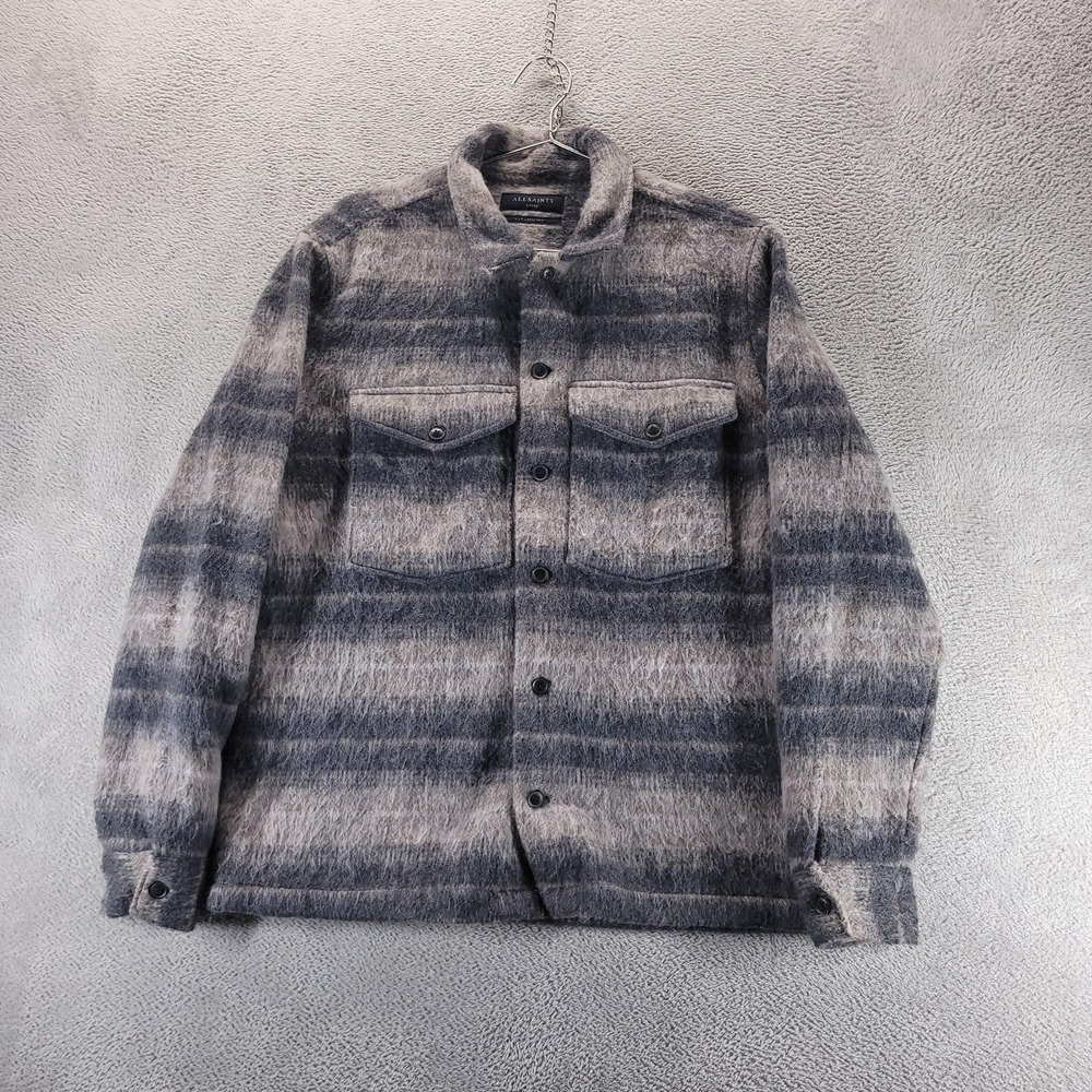 AllSaints Flannel Mens Large Gray Hatch LS Shirt Relaxed Wool Plaid Lined Jacket